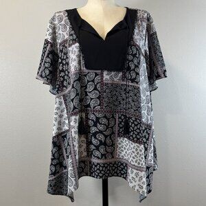 Jones New York Womens 3X Multicolor Paisley Patchwork Tunic Blouse Short Sleeve